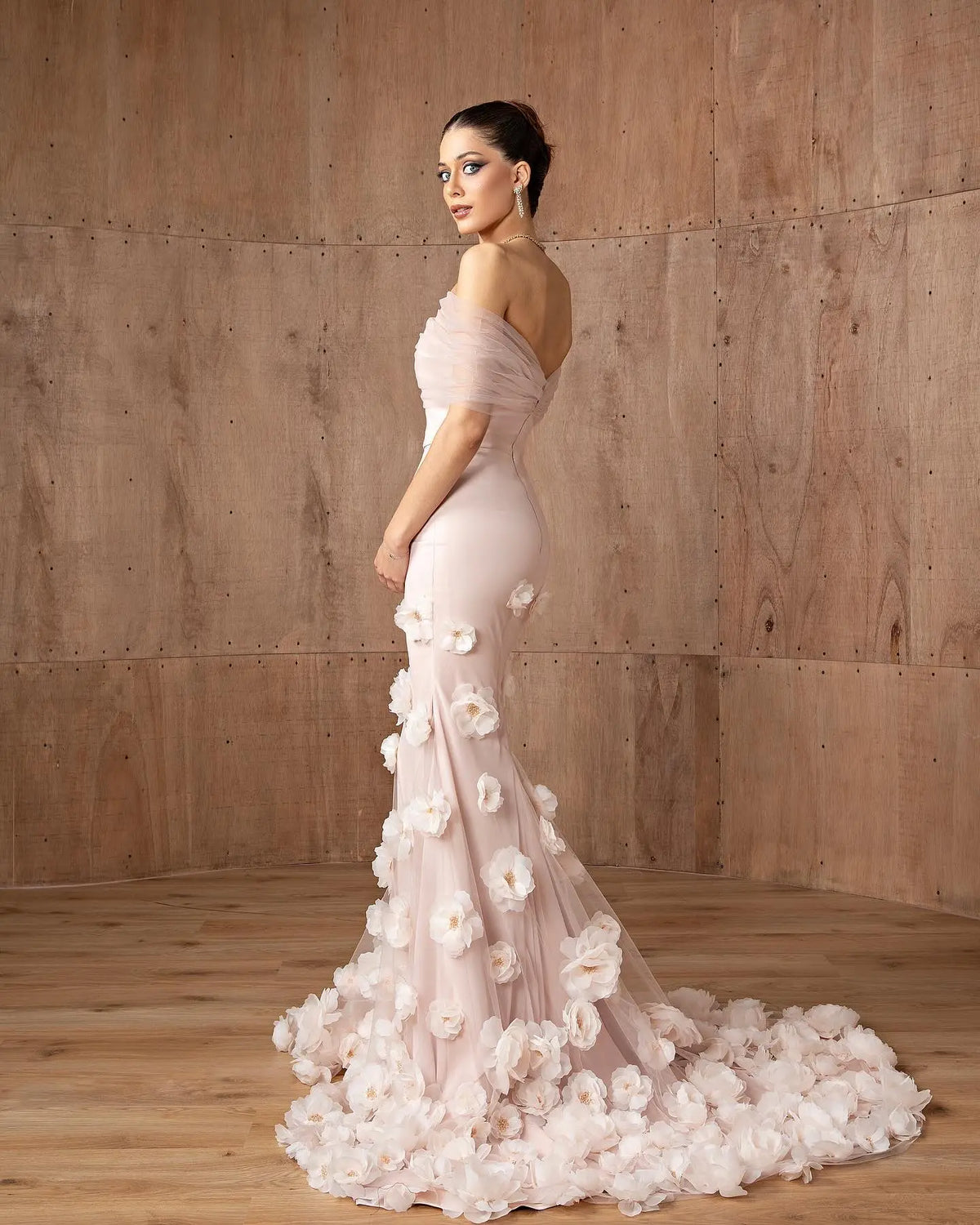 Elegant Pink 3D Flowers Off Shoulder Evening dress SF383 Elegant Pink 3D Flowers Off Shoulder Evening dress SF383