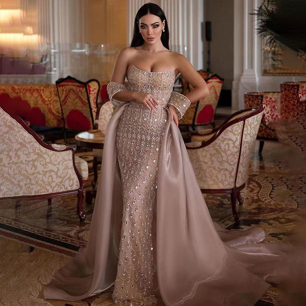 شارون سعيد فستان سهرة عربي فاخر بحورية البحر بلون الشمبانيا مع تنورة 2024 أنيق دبي للنساء لحفلات الزفاف SS168