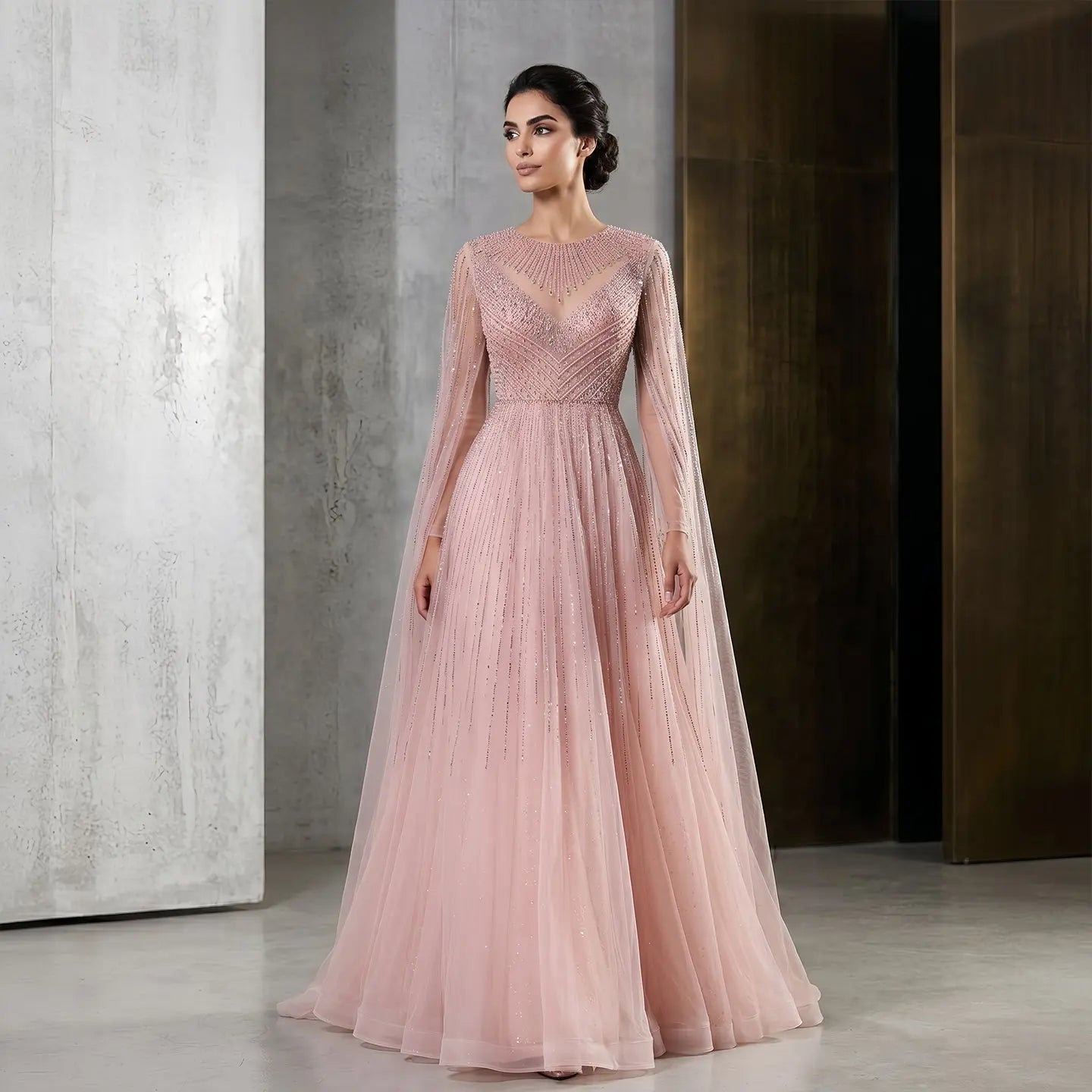 Glamorous Pink Illusion Neck Beaded Chiffon Evening Dress with Cape Sl   SHARONSAID