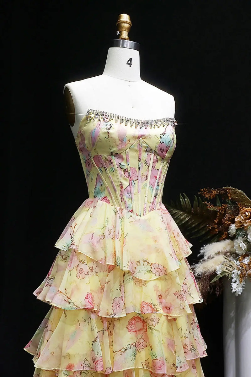 Luxury Pink Strapless Crystal Floral Tiered A-line Prom Dress SH401 