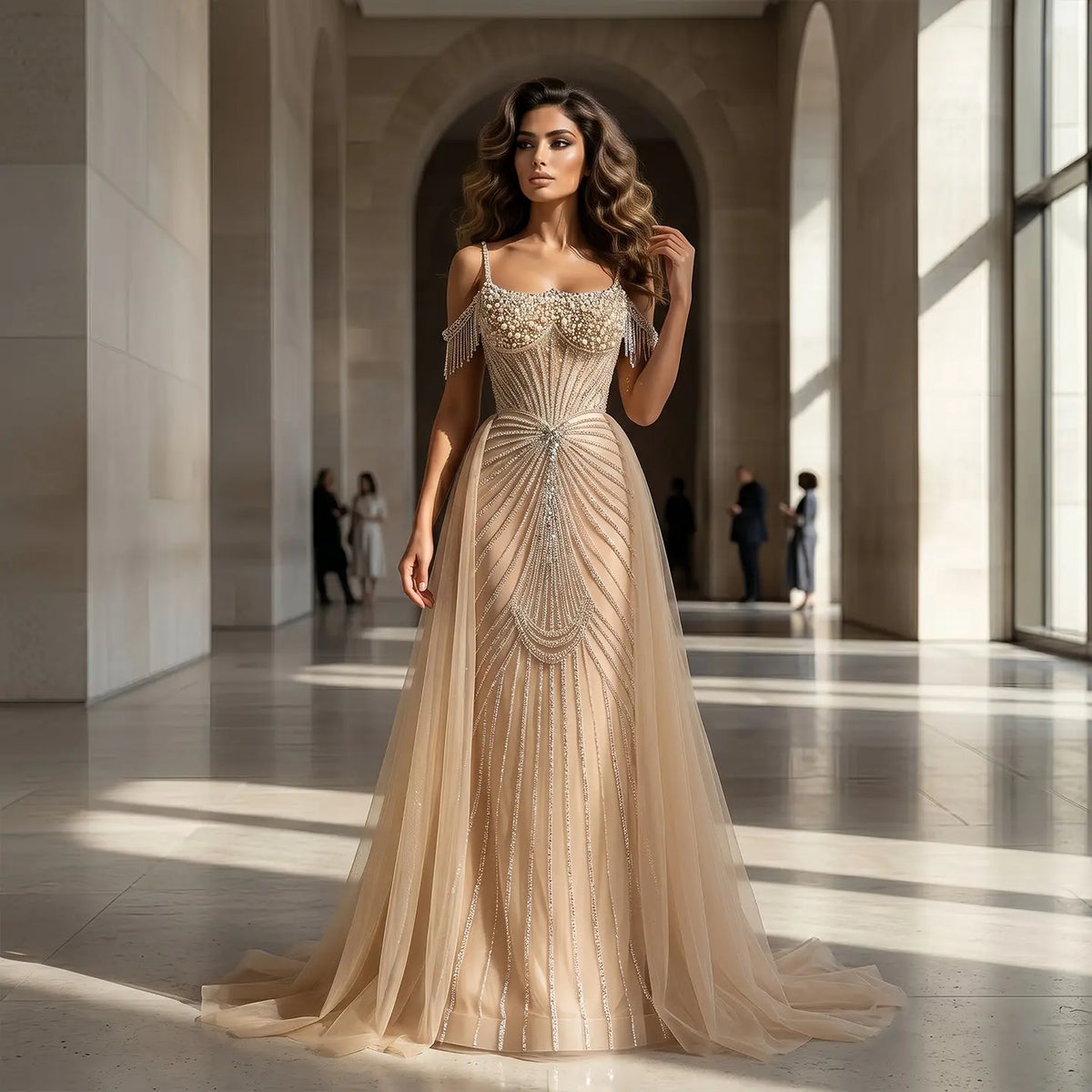 Luxury Green Spaghetti Strap Beaded Evening Dress with Overskirt SS121