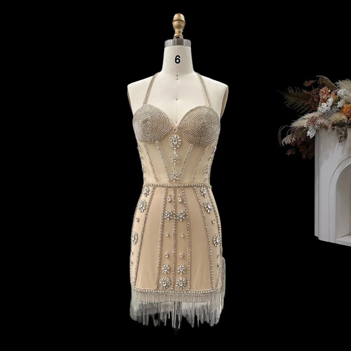 Luxury Crystal Tassels Halter Short Cocktail Dress RM014