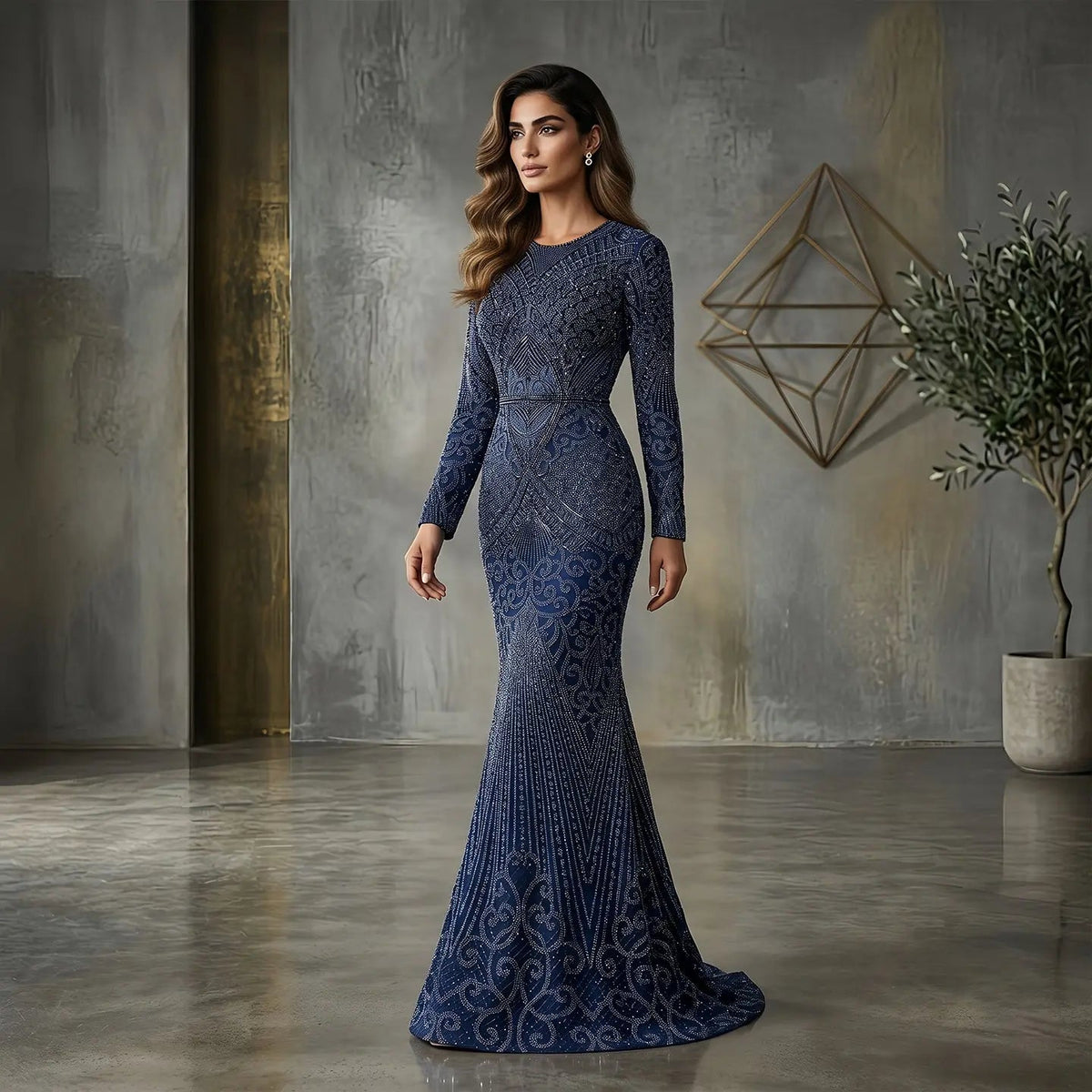 Regal Dark Green Long Sleeve Beaded Mermaid Evening Dress SS056 