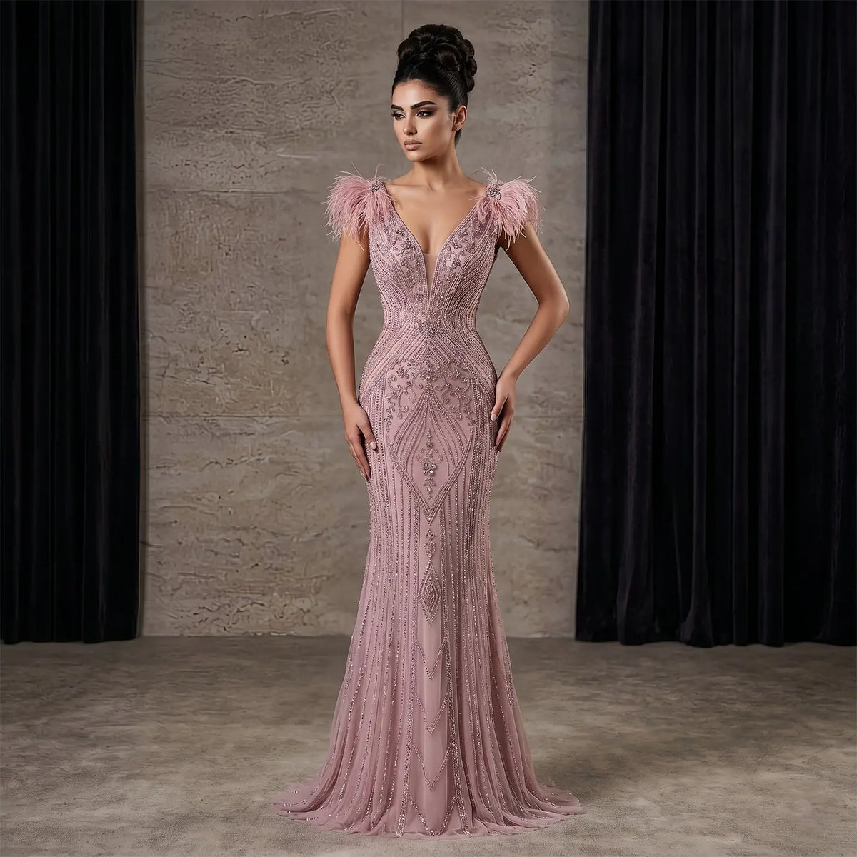 Dreamy Pink V-Neck Feather Trim Beaded Mermaid Evening Dress SS122