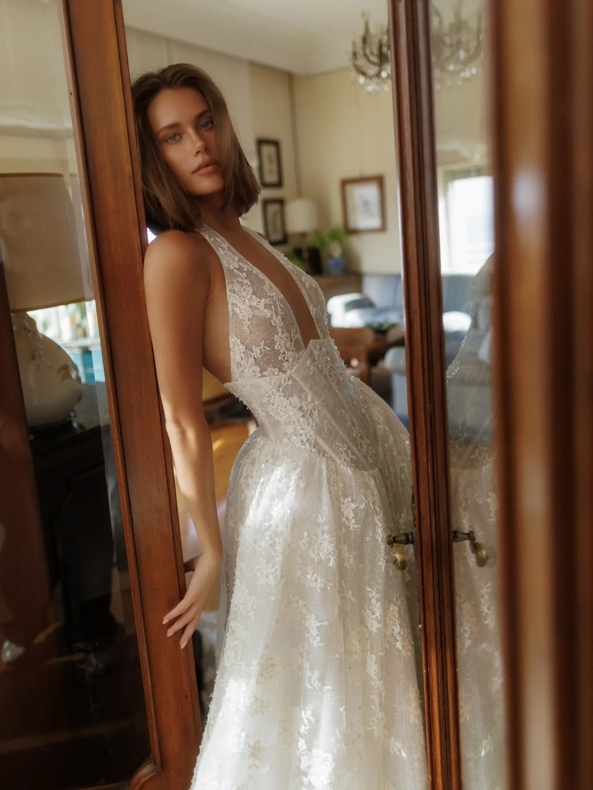 Modern Lace Deep V-Neck Halter Ball Gown Wedding Dress with Train SW185 