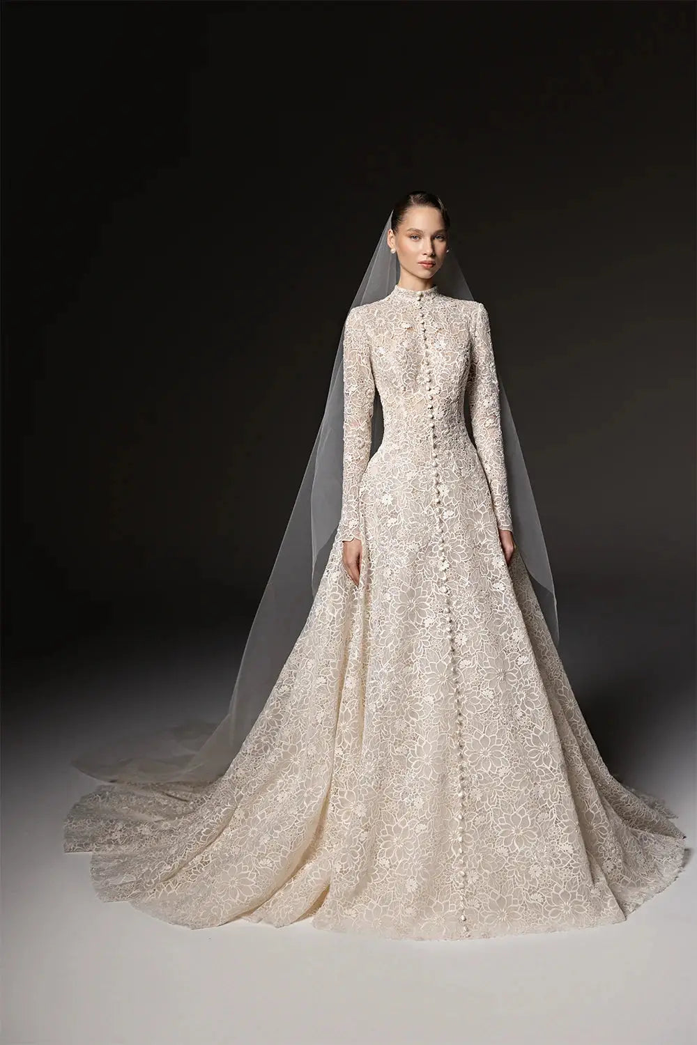 luxury high neck dresses Luxury High Neck Modest Long Sleeve Vintage-Inspired Lace Wedding Gown Plus Size Size 16W