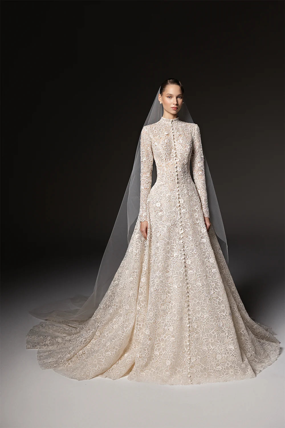 Luxury High Neck Long Sleeve Lace A-Line Wedding Dress with Buttons SW669 