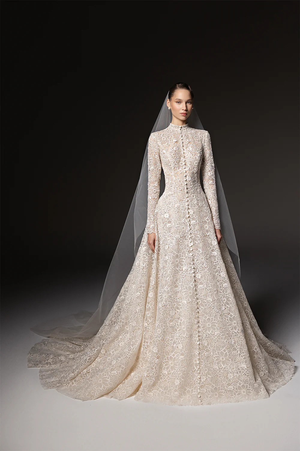 Luxury High Neck Long Sleeve Lace A-Line Wedding Dress with Buttons SW669 