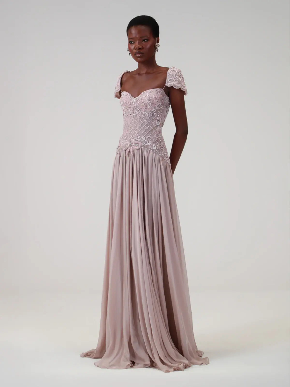Pink Cap Sleeve Beaded Pleated Chiffon Evening Dress SS258