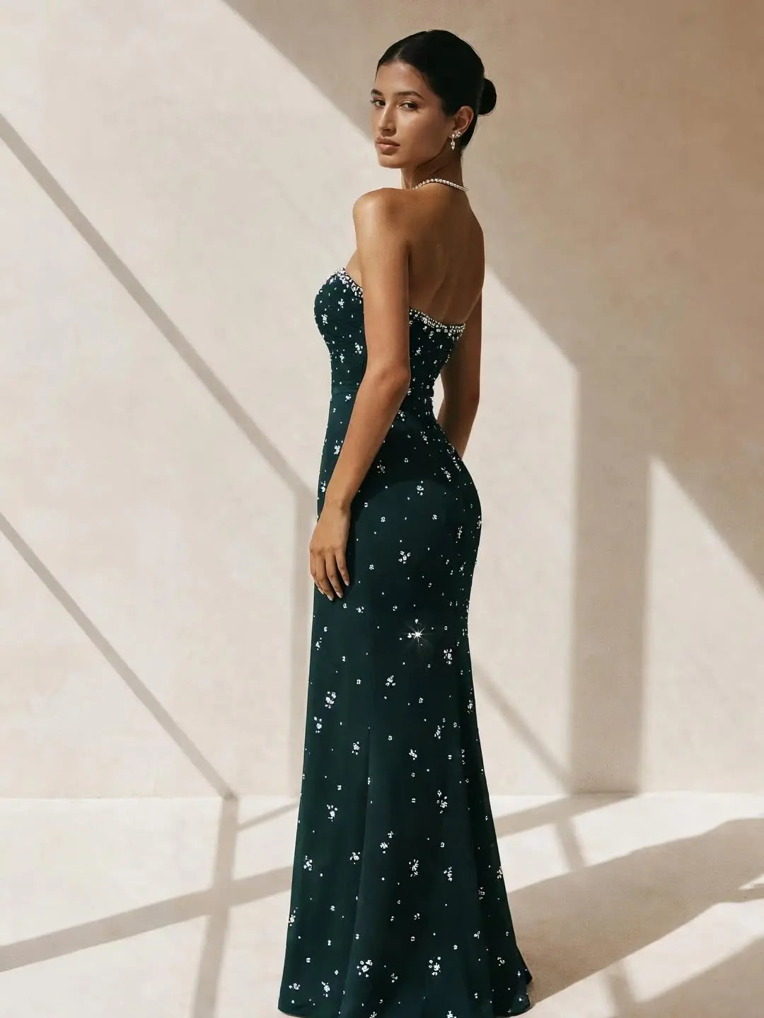Elegant Rhinestones Strapless Emerald Green Evening Dress SS221 