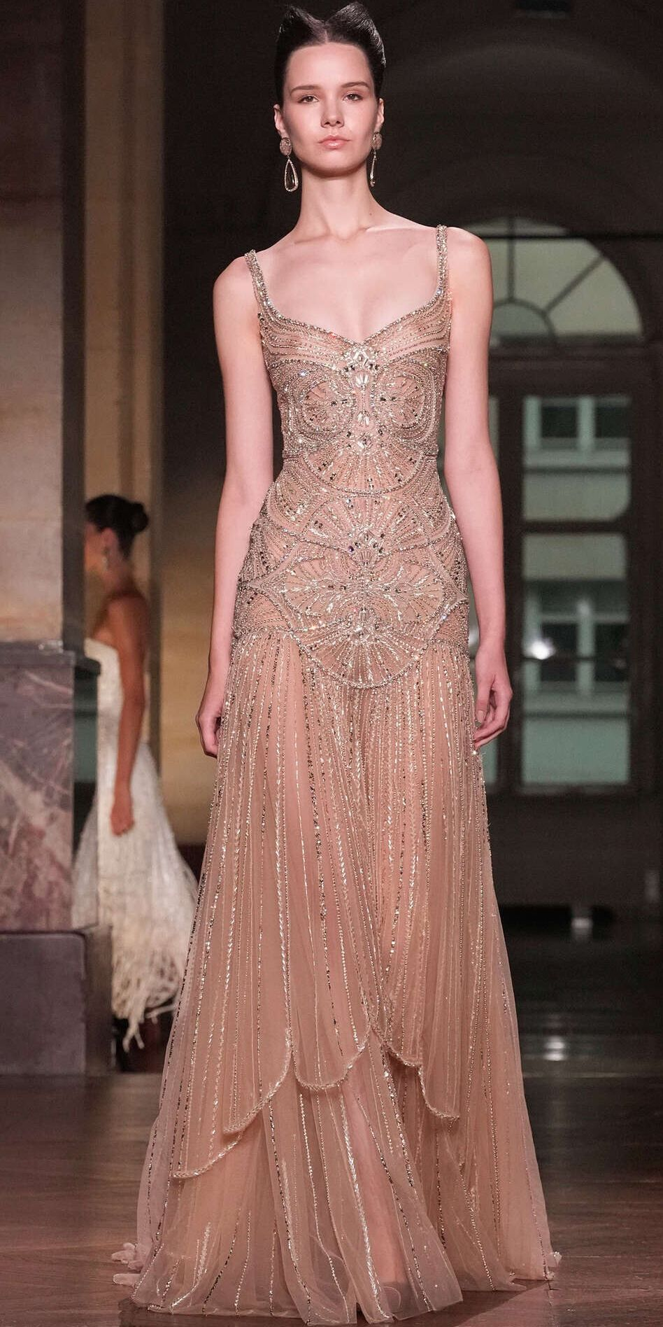 Elegant Champagne Ruffled Beaded Evening Dress SS552 