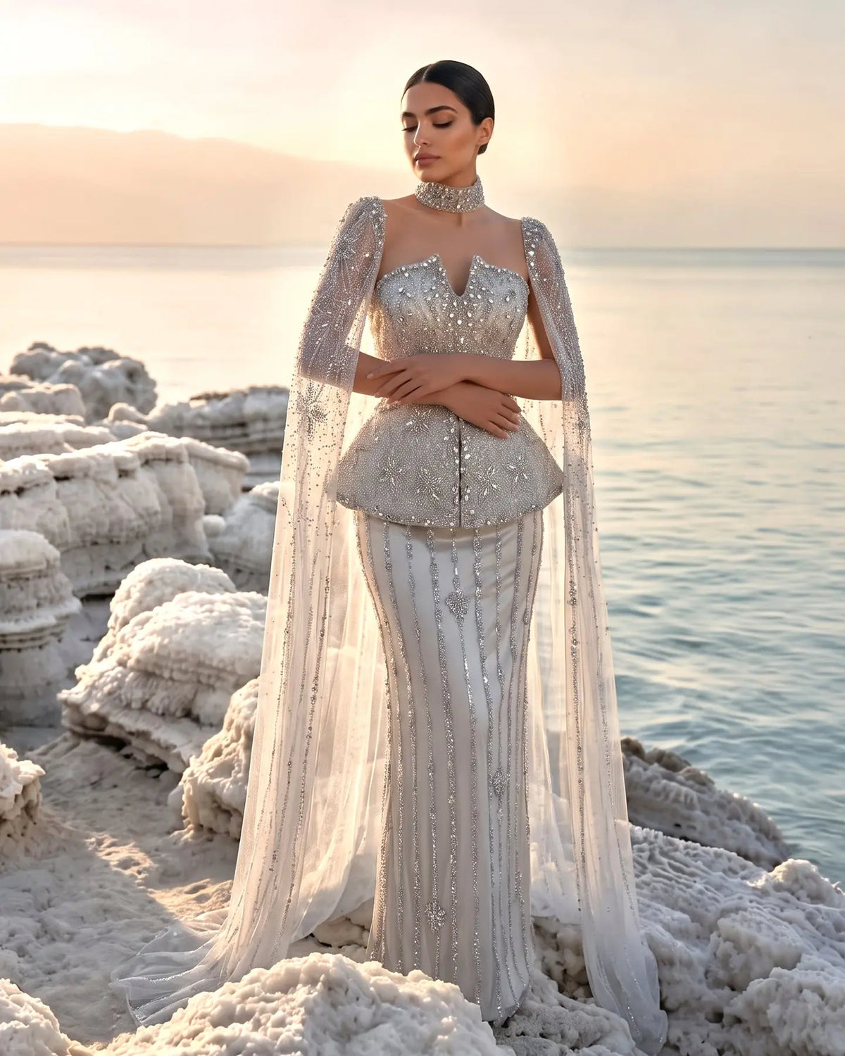 Silver High Neck Fitted Evening Dress Cape SS531