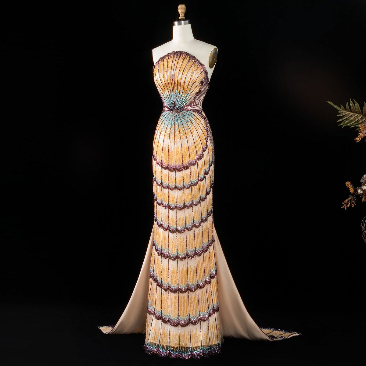 Luxury Mixed Purple Beaded Train Evening Dress with Overskirt SS656 