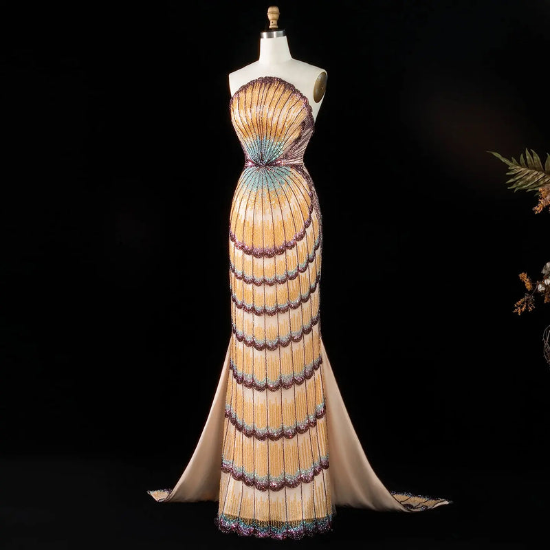 Luxury Mixed Purple Beaded Train Evening Dress with Overskirt SS656 