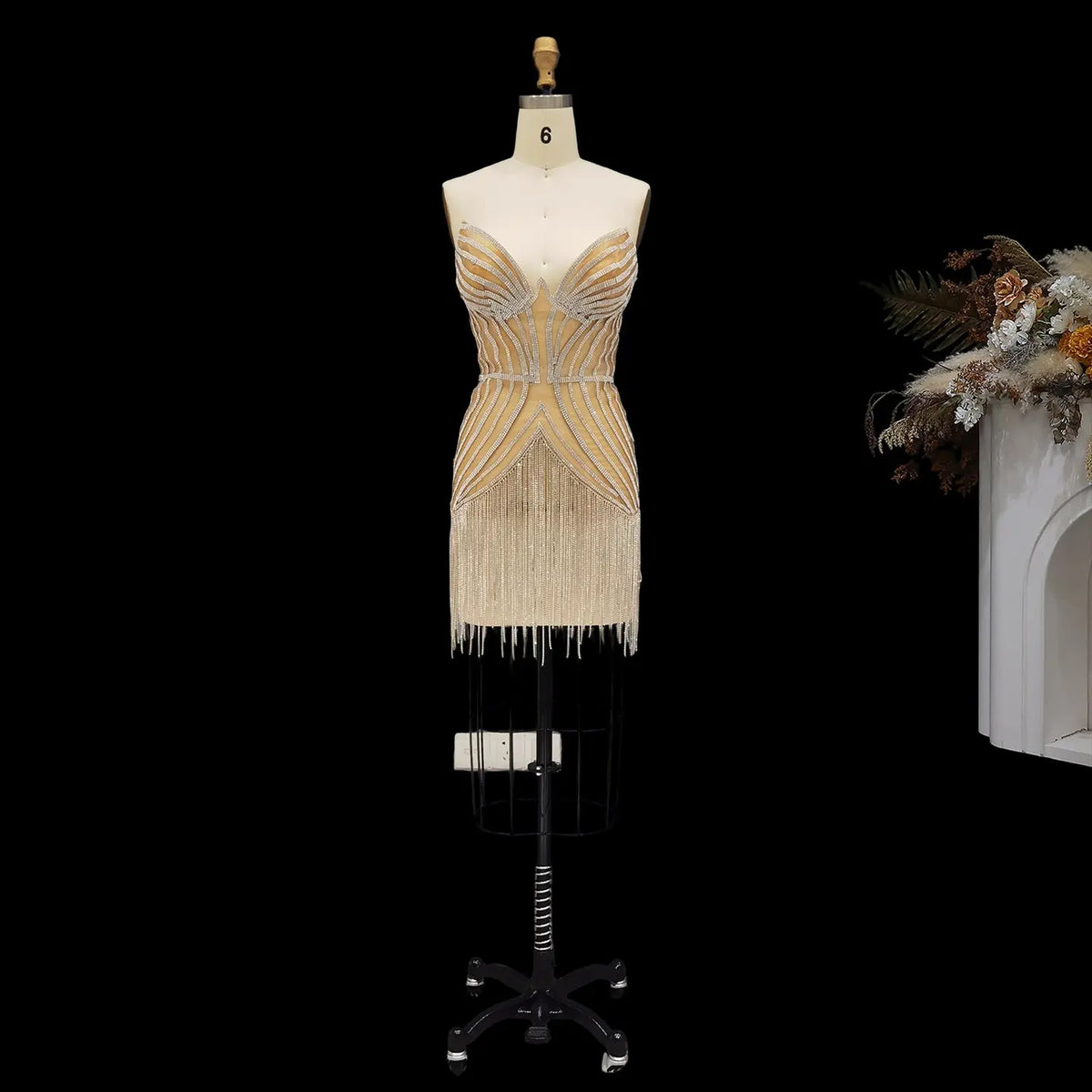 Silver Beaded Tassel Strapless Cocktail Dress RM016