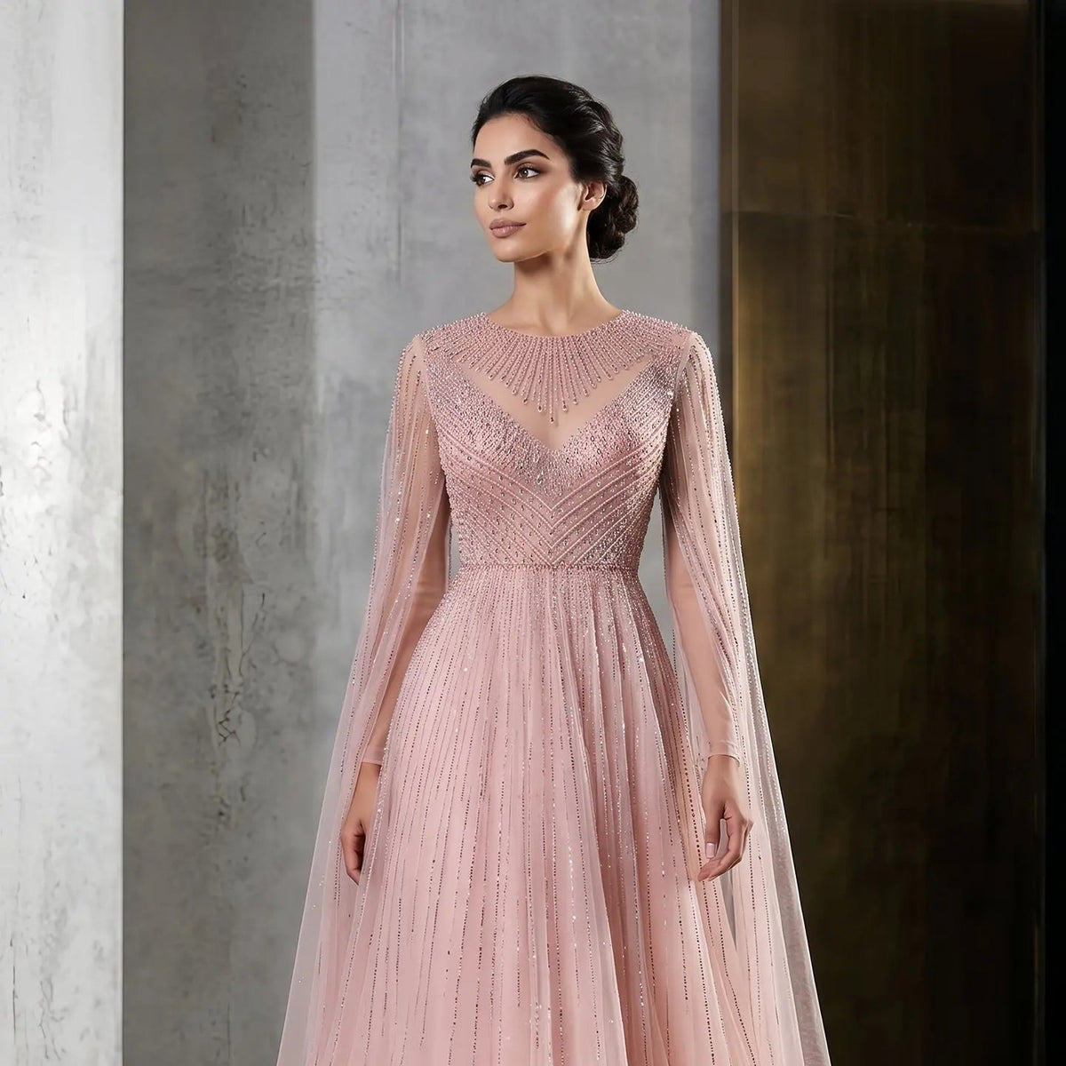 Glamorous Pink Illusion Neck Beaded Chiffon Evening Dress with Cape Sleeves SS054 