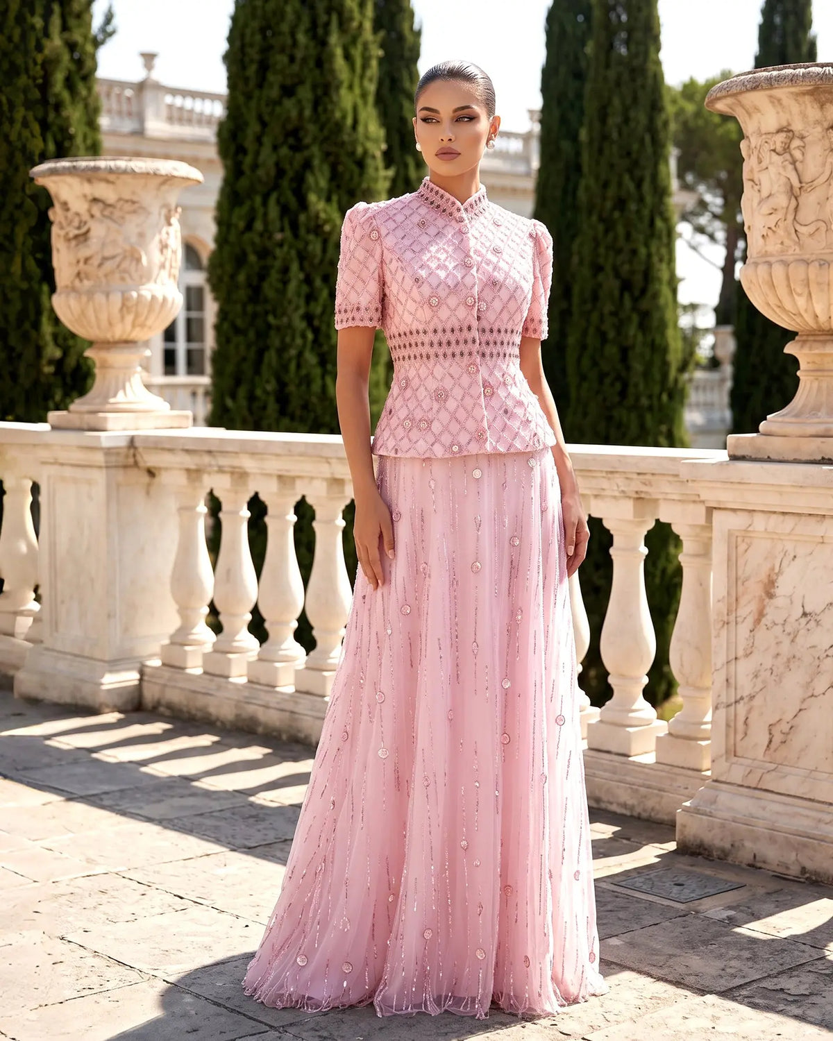 Pink Crystal Two Piece Evening Dress Party SS546