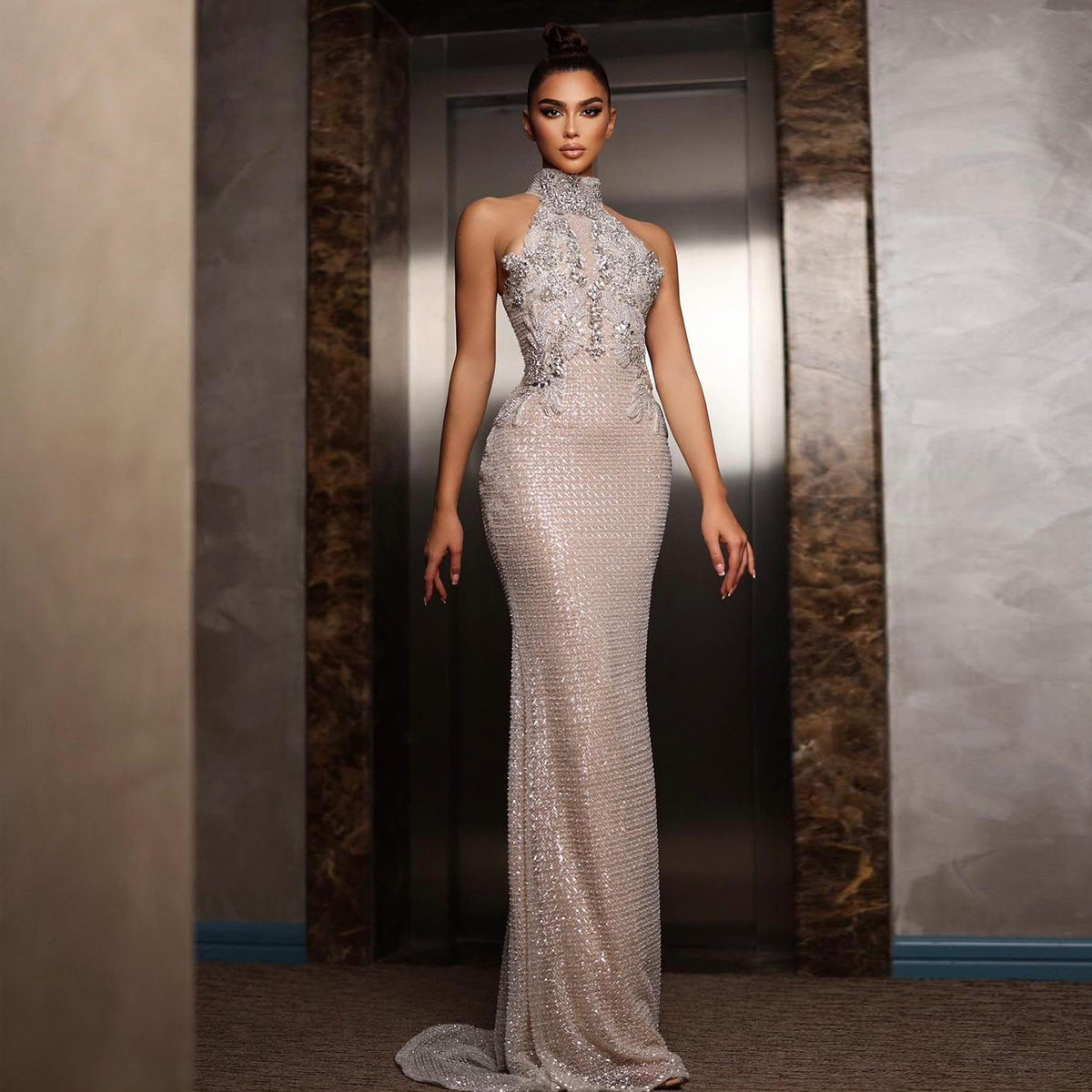 Luxury Halter Silver Nude Beaded Evening Dress SS408