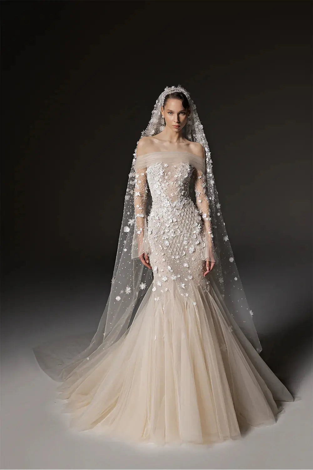 Glamorous Champagne Off-the-Shoulder Beaded Floral Mermaid Wedding Dress with Veil SW670