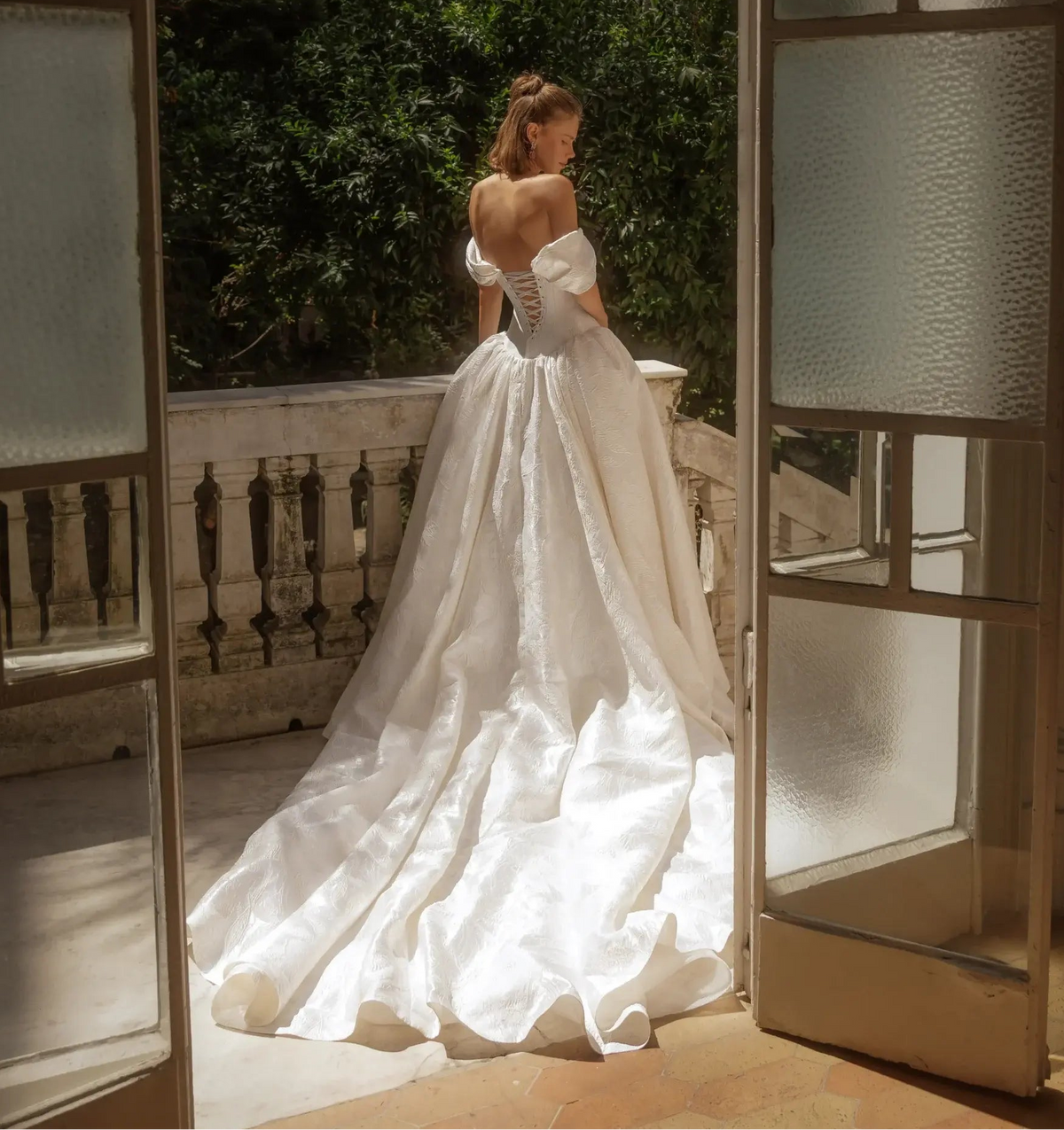Romantic Satin Off-the-Shoulder Ball Gown Wedding Dress with Train SW181 