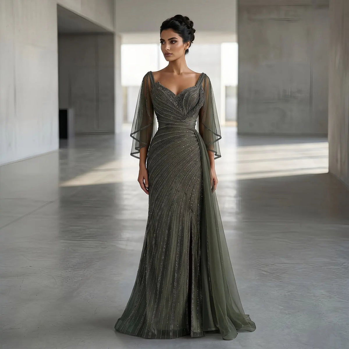 Elegant Champagne V-Neck Beaded Evening Dress with Cape Sleeves SS063 