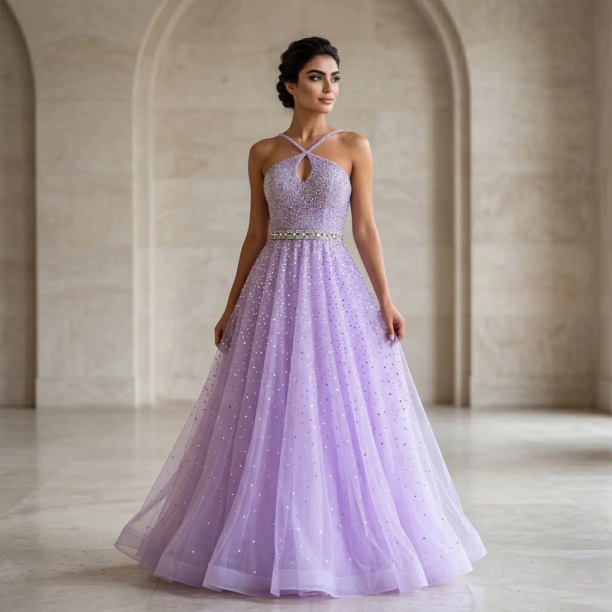 purple beaded halter dress Beaded Slit Overskirt Sheath Long Dress 46621