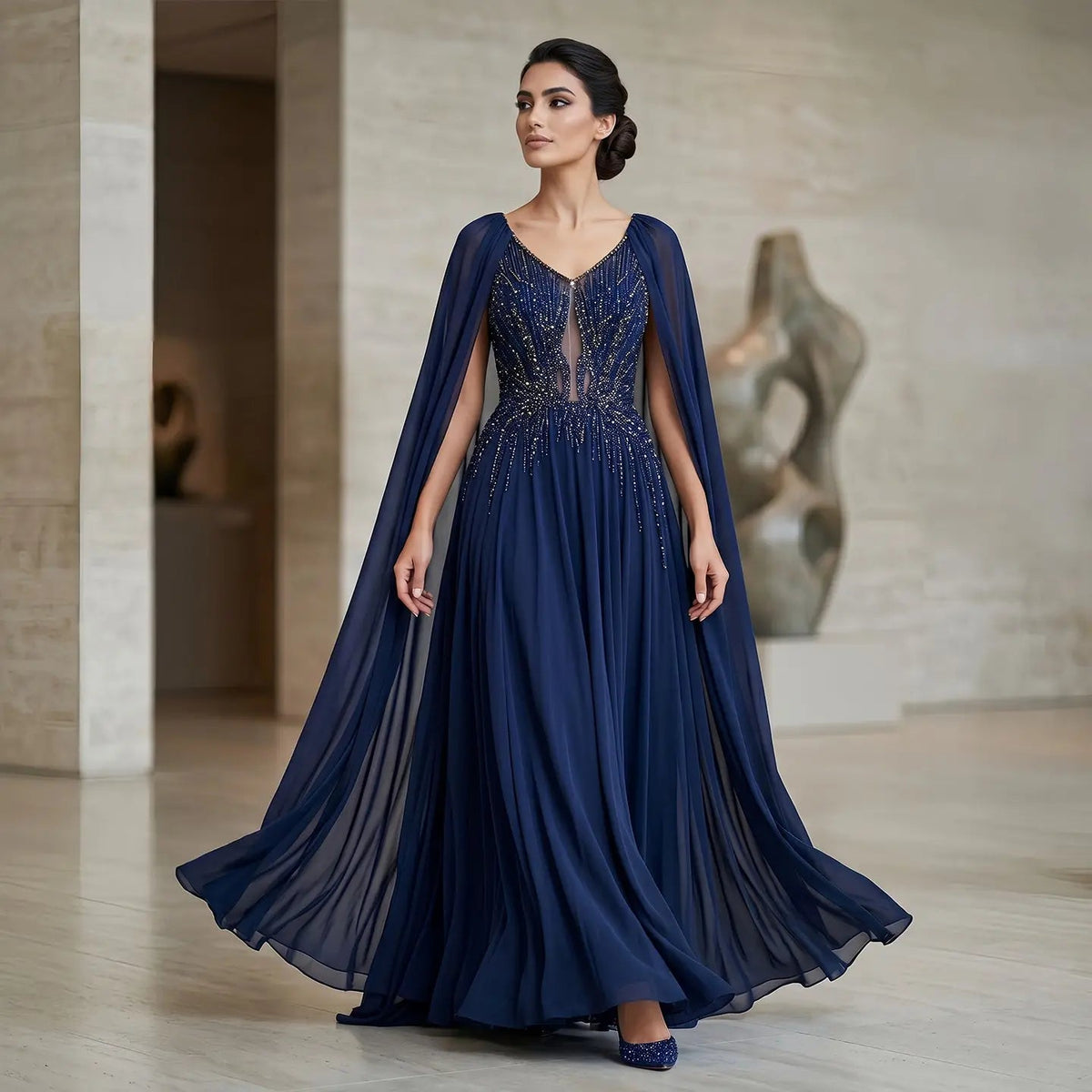 Luxury Purple V-Neck Beaded Chiffon Evening Dress with Cape Sleeves SS053 