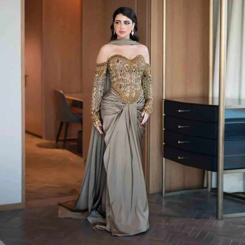 Luxury Gray Embellished Cape Fitted Evening Dress with Scarf SS564 