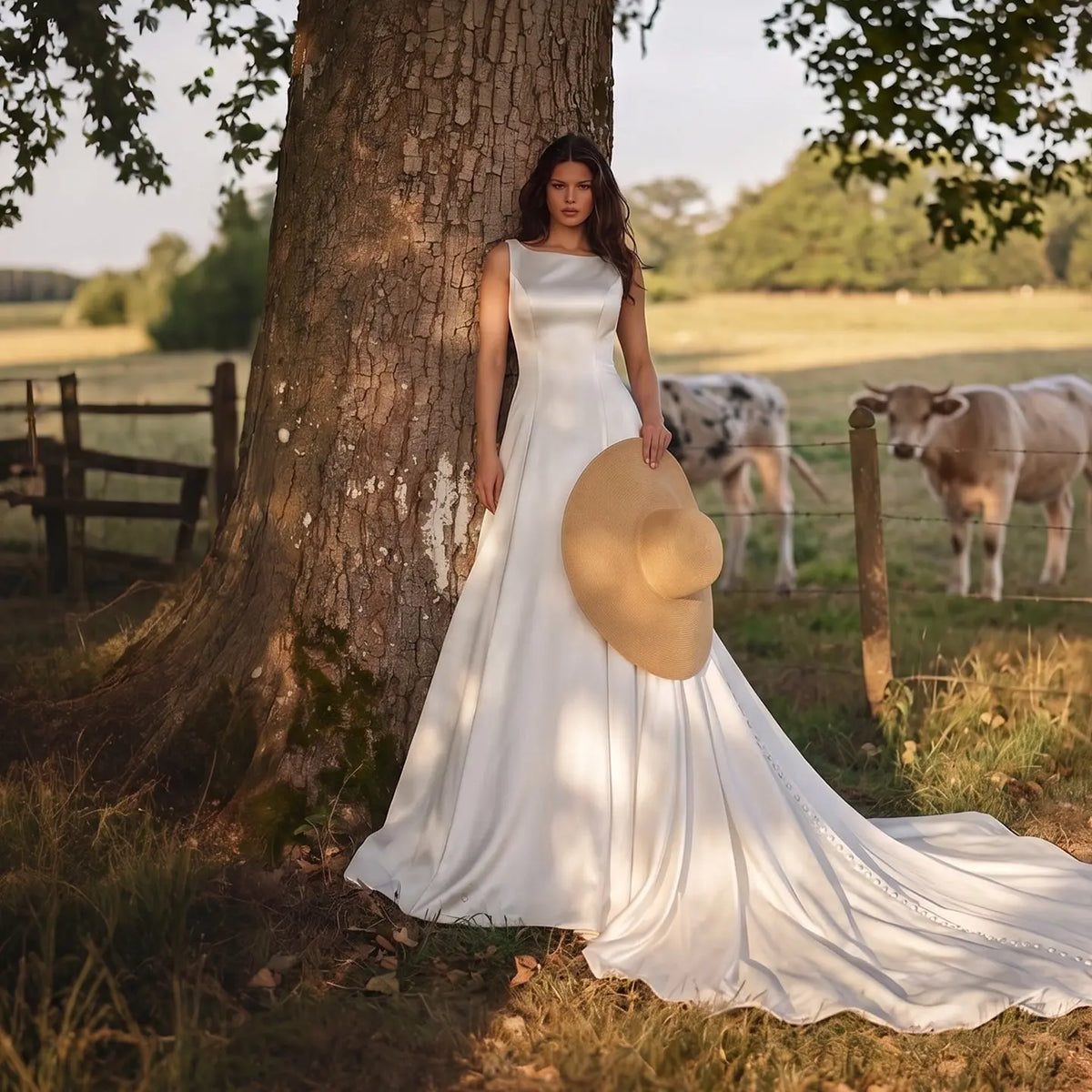 White Sleeveless Satin Wedding Dress SW719