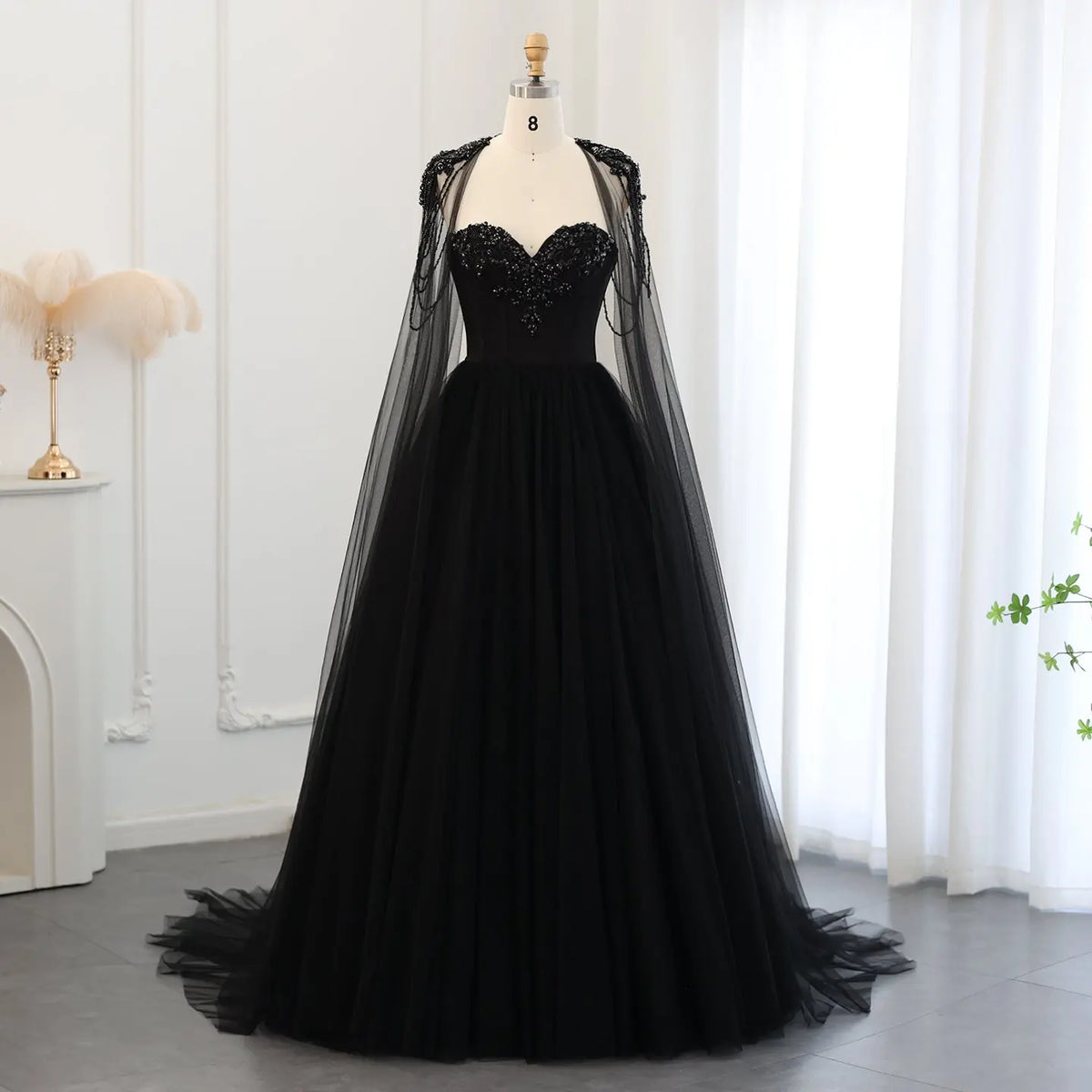 Black Gothic Beaded Tulle Ball Gown Dress SW564