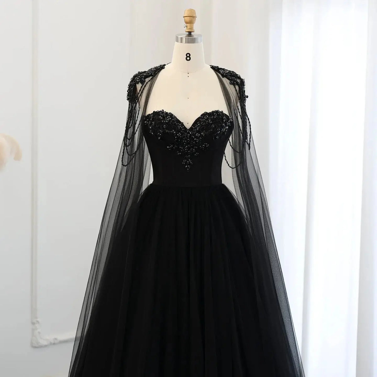 Black Luxury Gothic  Wedding Dress Beaded Tulle Ball Gown With Sheer Beaded Cape SW564 