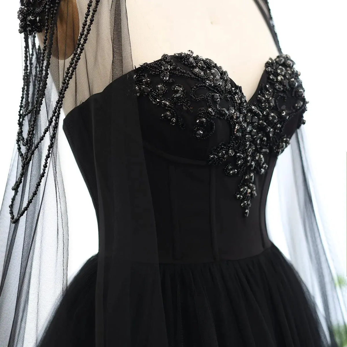 Black Luxury Gothic  Wedding Dress Beaded Tulle Ball Gown With Sheer Beaded Cape SW564 