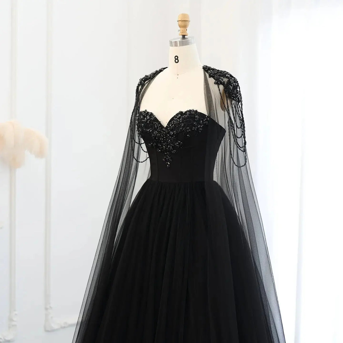 Black Luxury Gothic  Wedding Dress Beaded Tulle Ball Gown With Sheer Beaded Cape SW564 