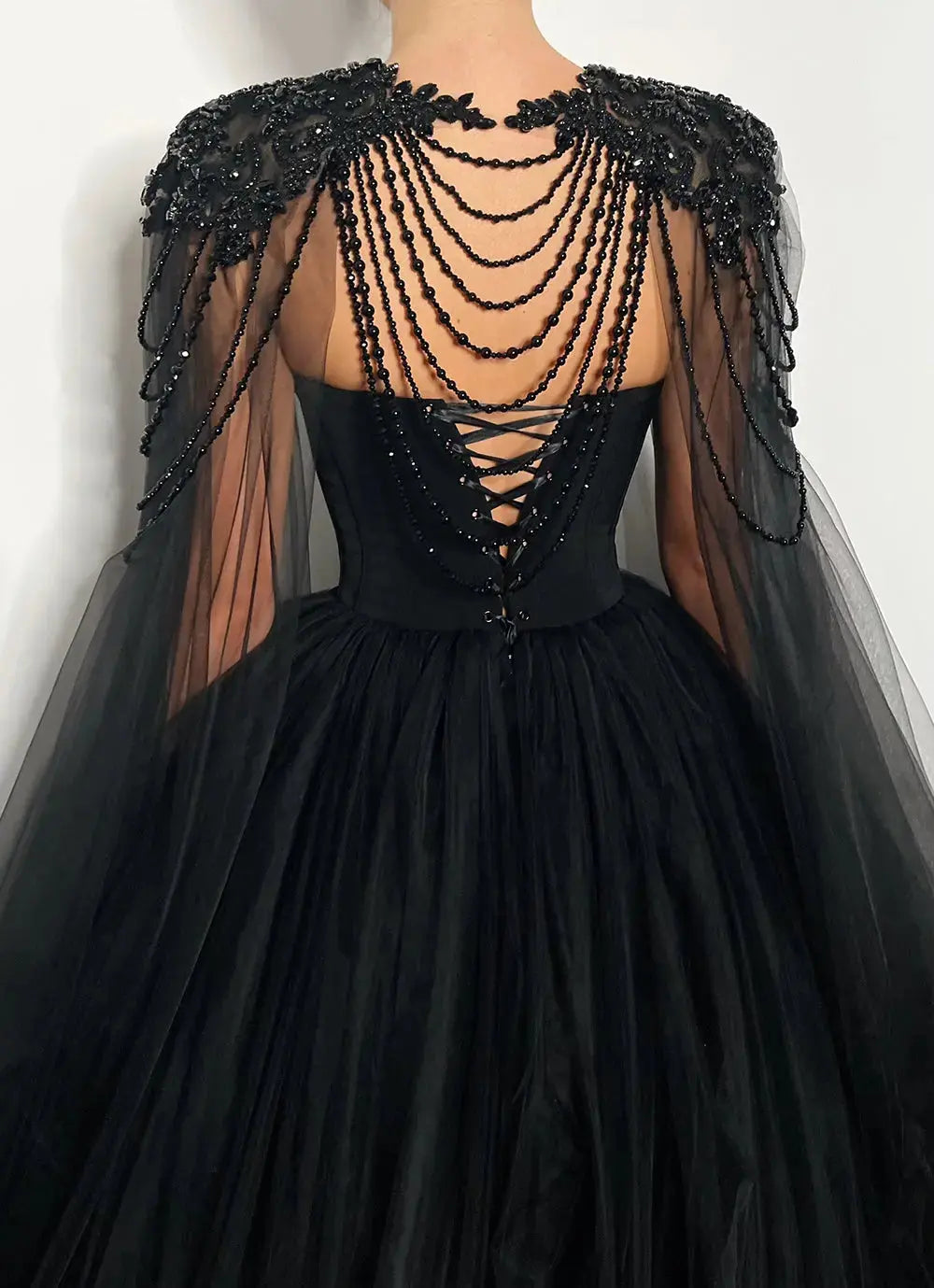 Black Luxury Gothic  Wedding Dress Beaded Tulle Ball Gown With Sheer Beaded Cape SW564 