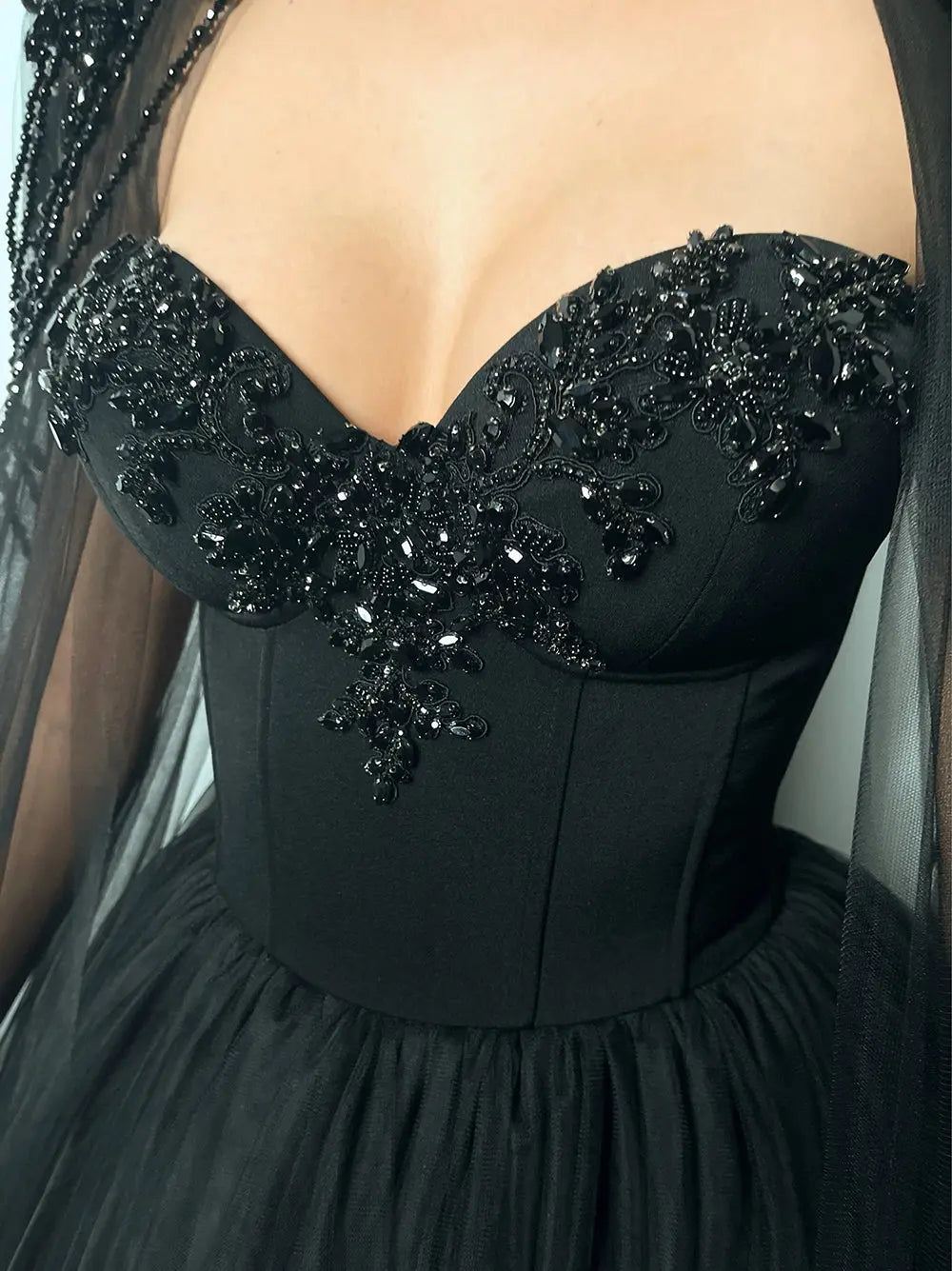 Black Gothic Beaded Tulle Ball Gown Dress SW564-13