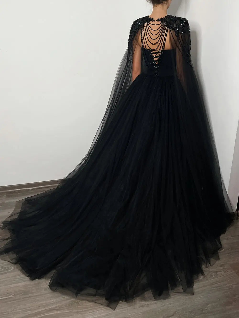 Black Gothic Beaded Tulle Ball Gown Dress SW564-14