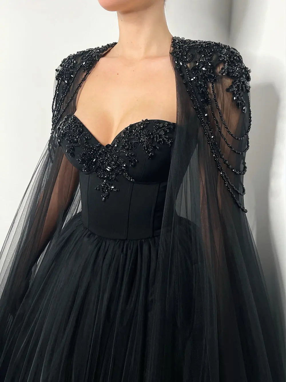 Black Gothic Beaded Tulle Ball Gown Dress SW564-15