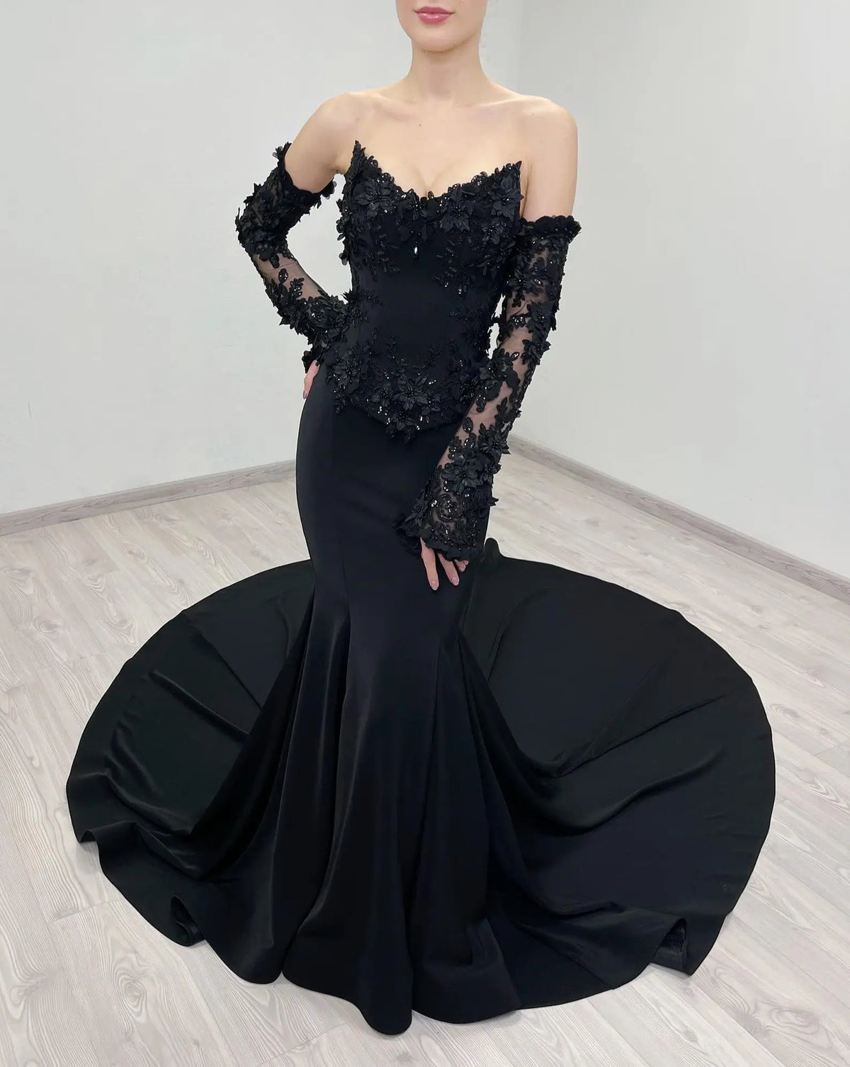 Black Luxury Gothic Wedding Dress Mermaid 3D Floral Lace SW553