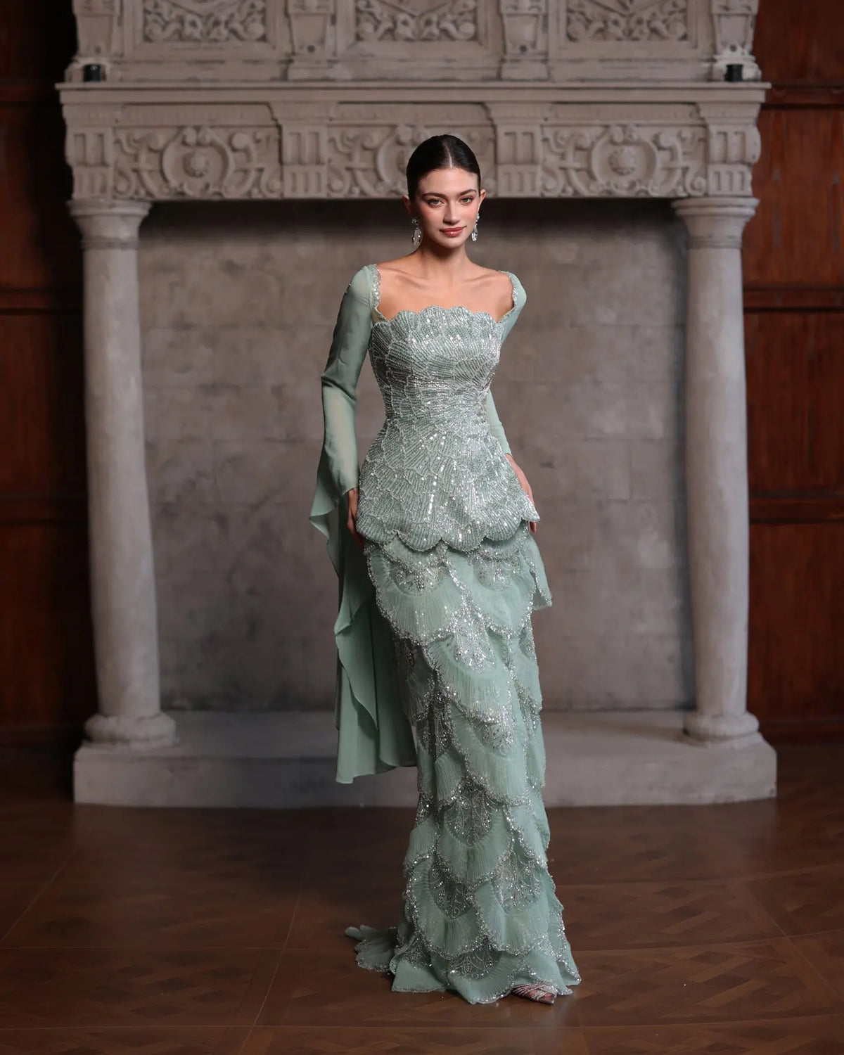 Sage Green Beaded Long Sleeve Evening Gown-7