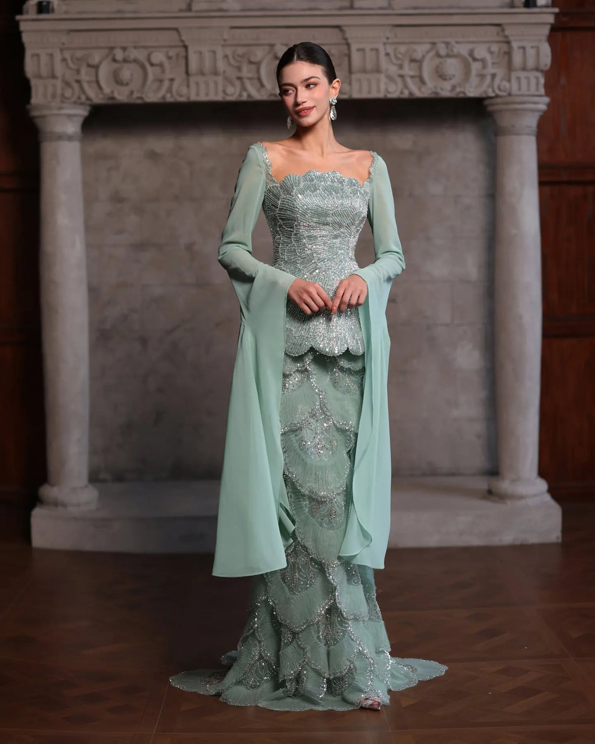 Sage Green Beaded Long Sleeve Evening Gown