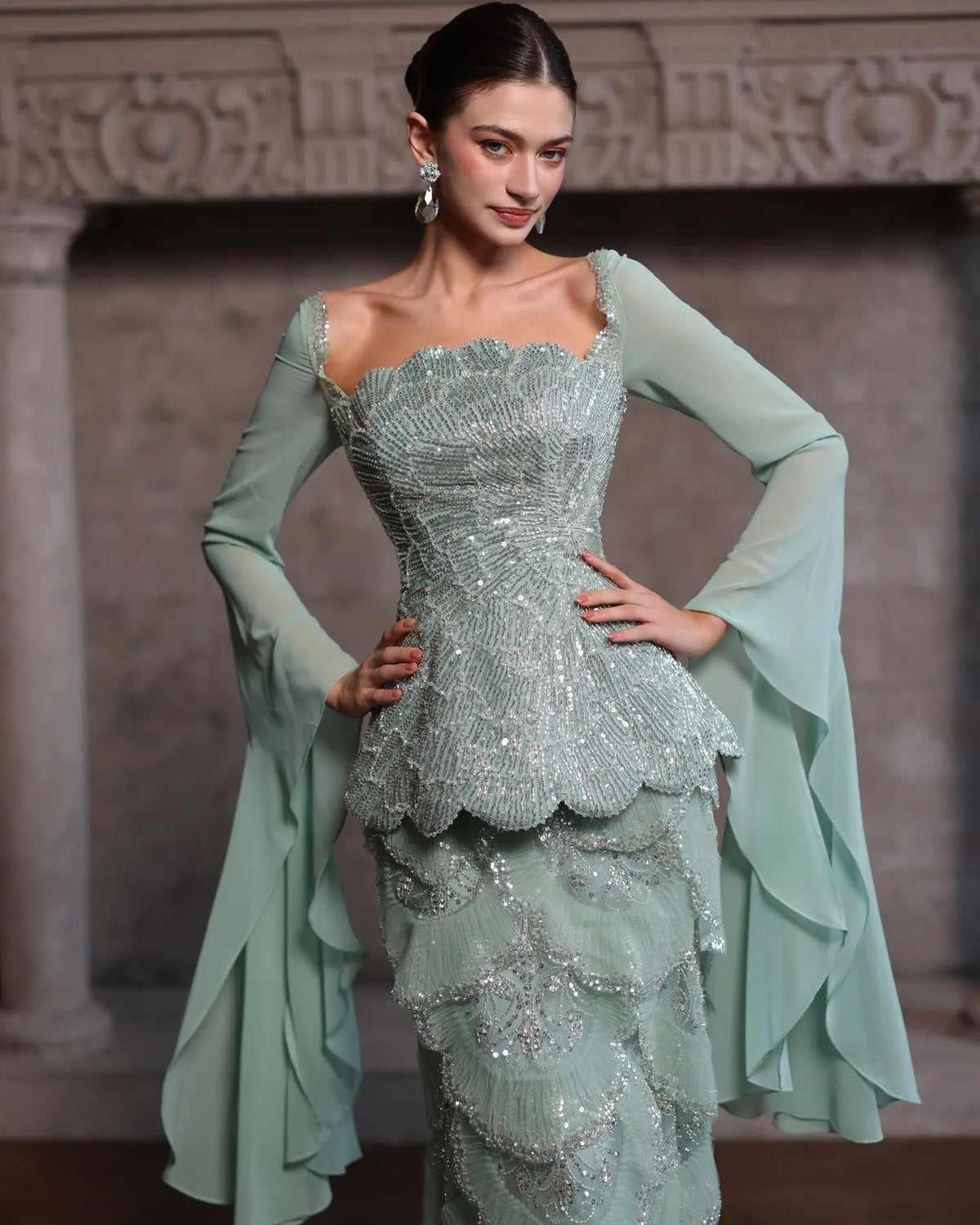 Sage Green Beaded Long Sleeve Evening Gown-8