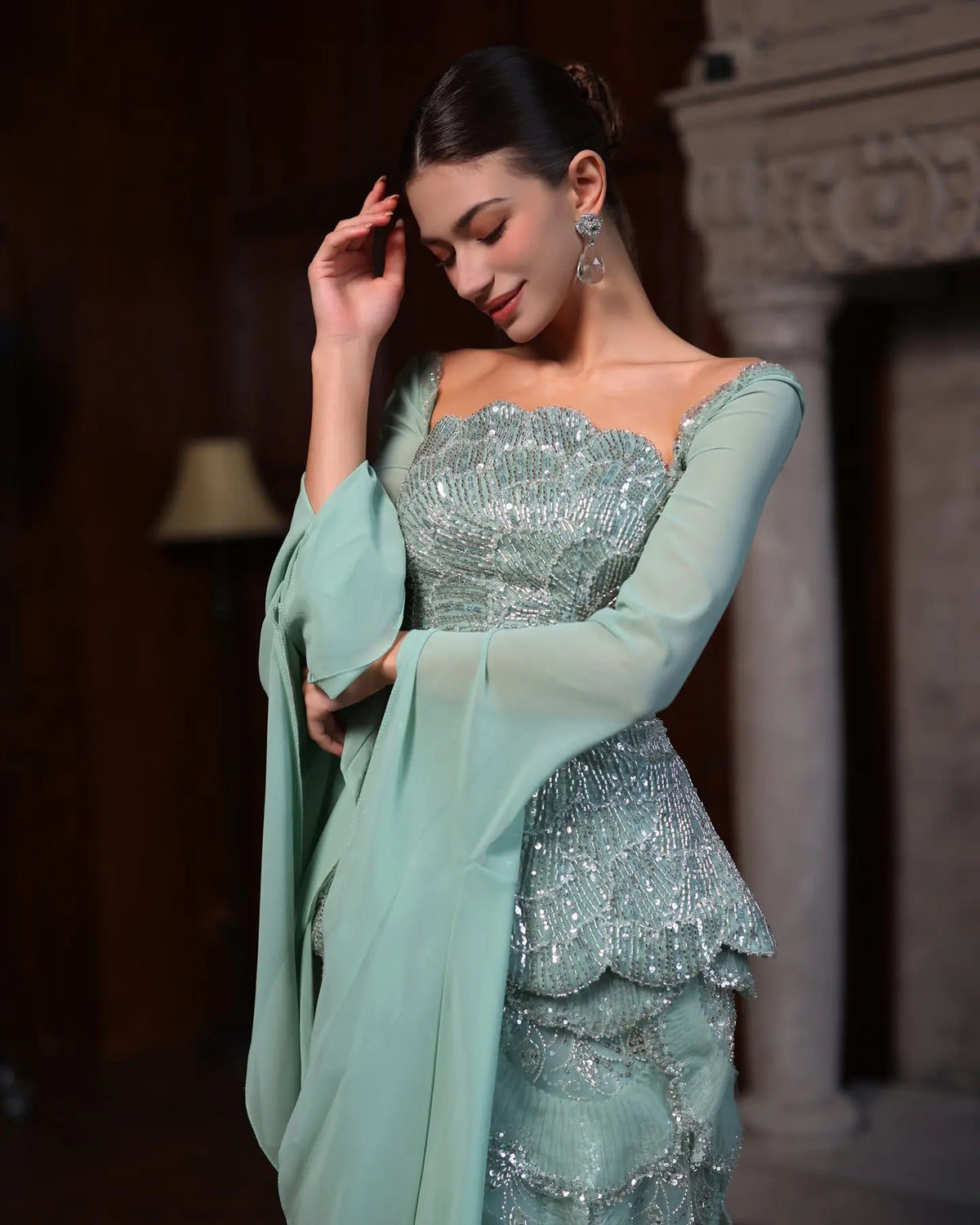 Sage Green Beaded Long Sleeve Evening Gown-9