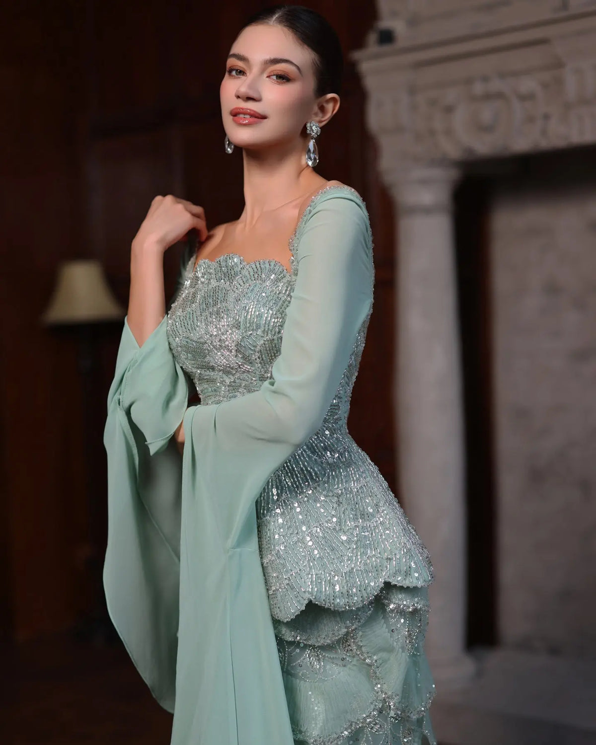 Sage Green Beaded Long Sleeve Evening Gown-10