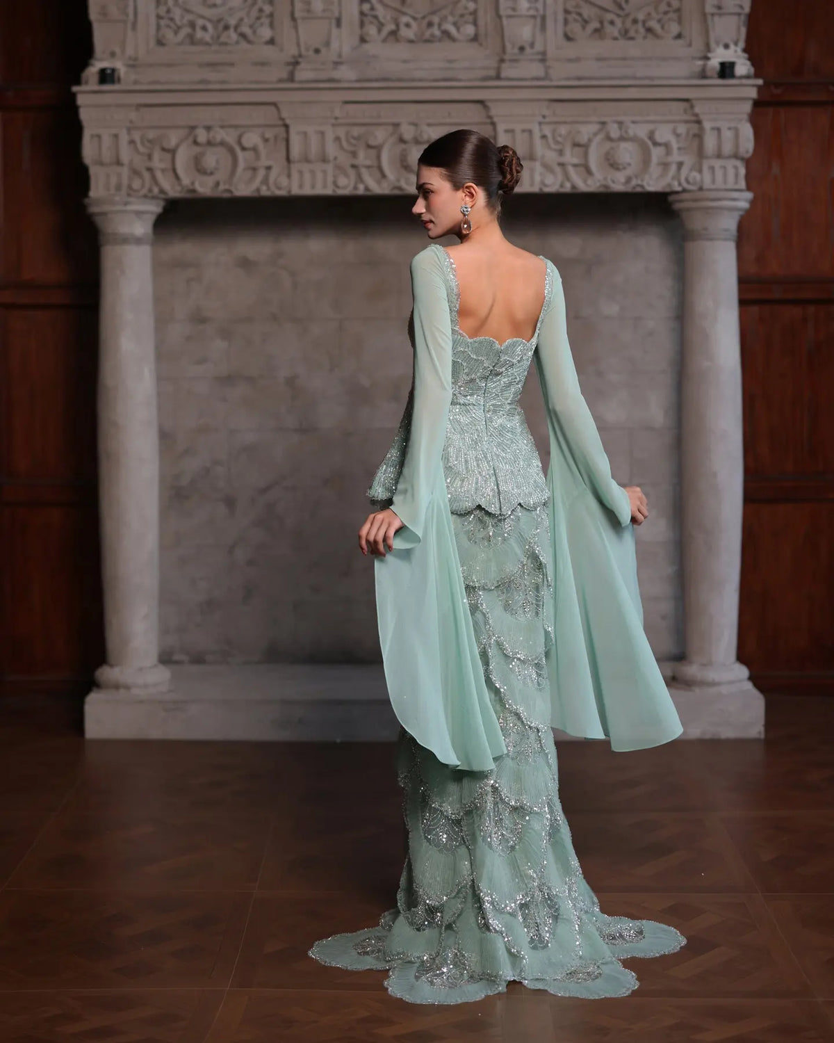 Sage Green Beaded Long Sleeve Evening Gown-11