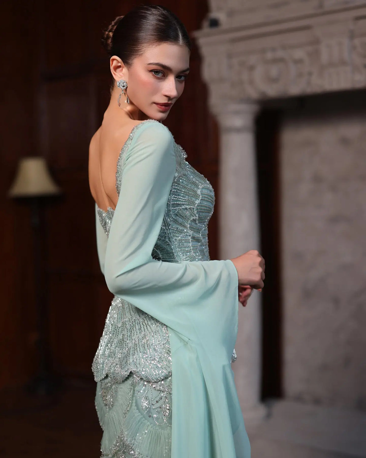 Sage Green Beaded Long Sleeve Evening Gown-12