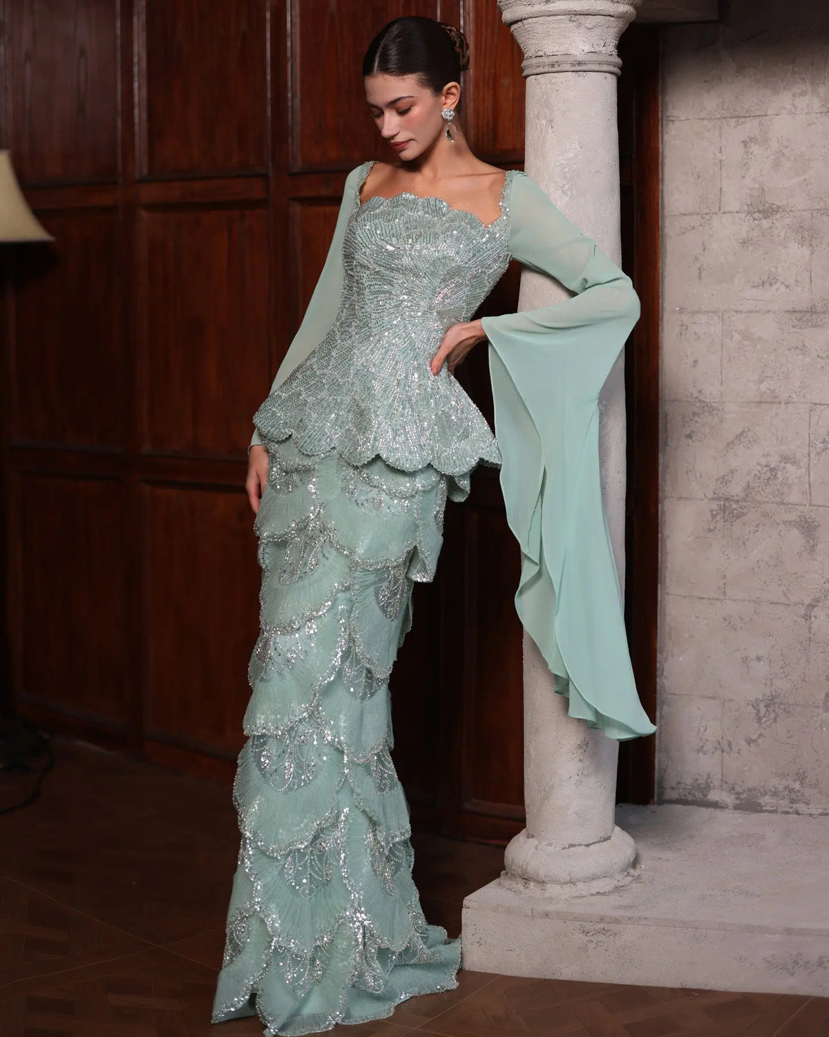 Sage Green Beaded Long Sleeve Evening Gown-13