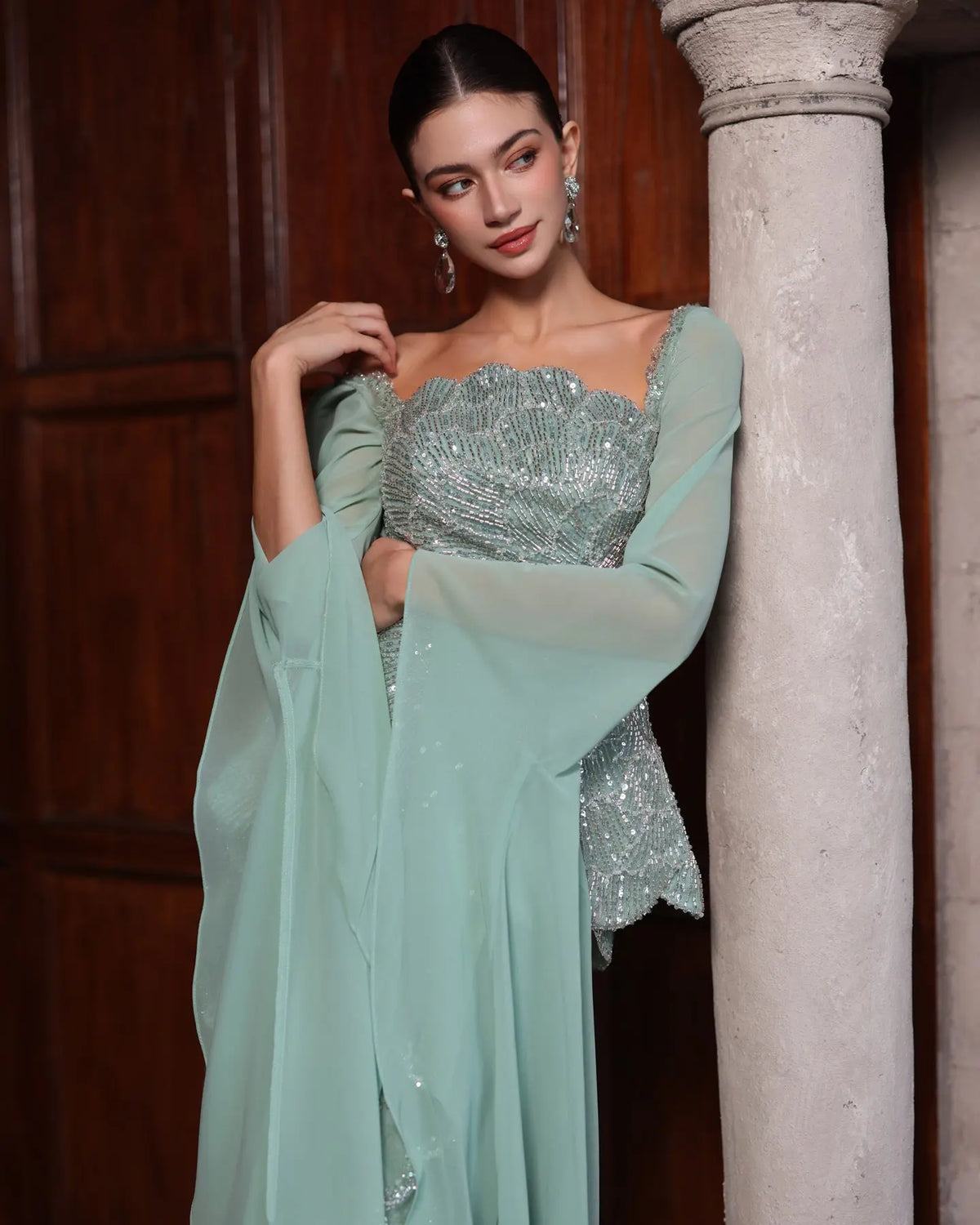Sage Green Beaded Long Sleeve Evening Gown-14