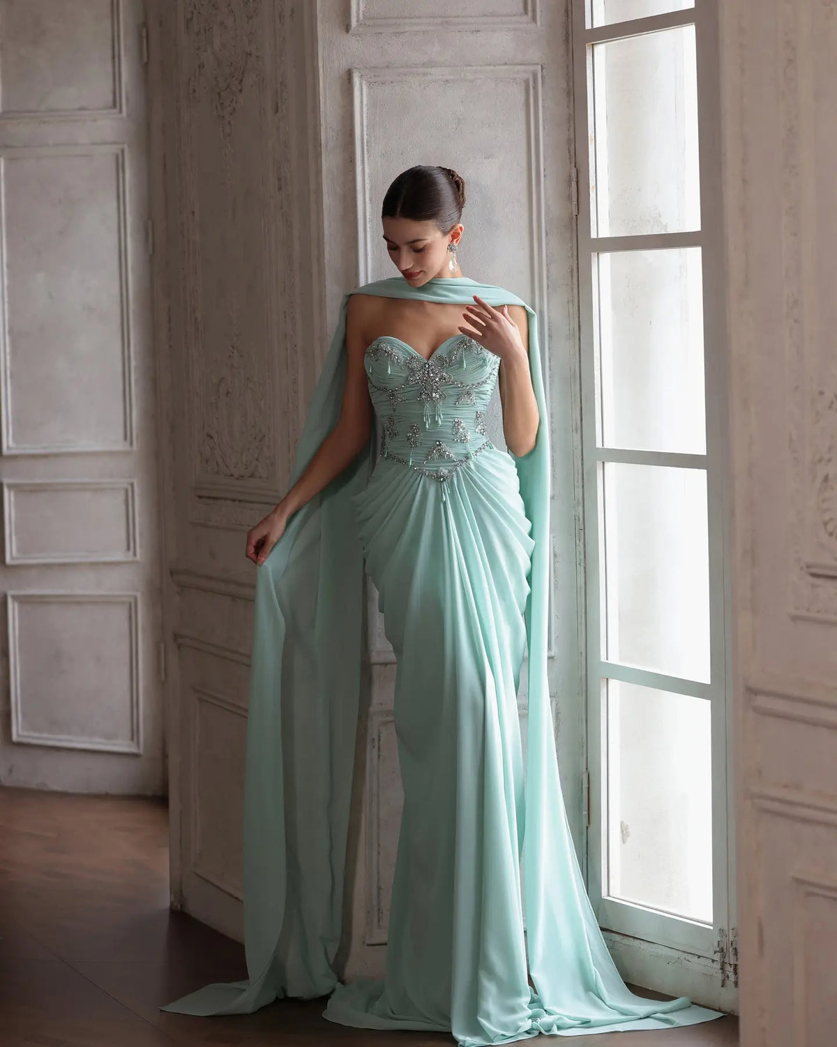 Aqua Beaded Evening Dress with Cape-17