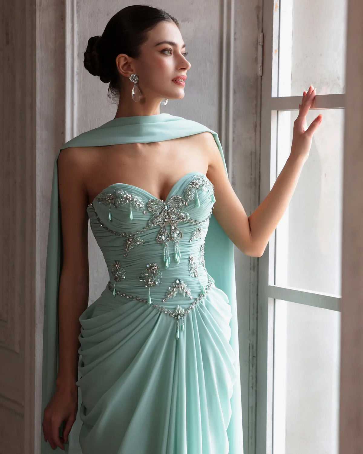 Aqua Beaded Evening Dress with Cape-12