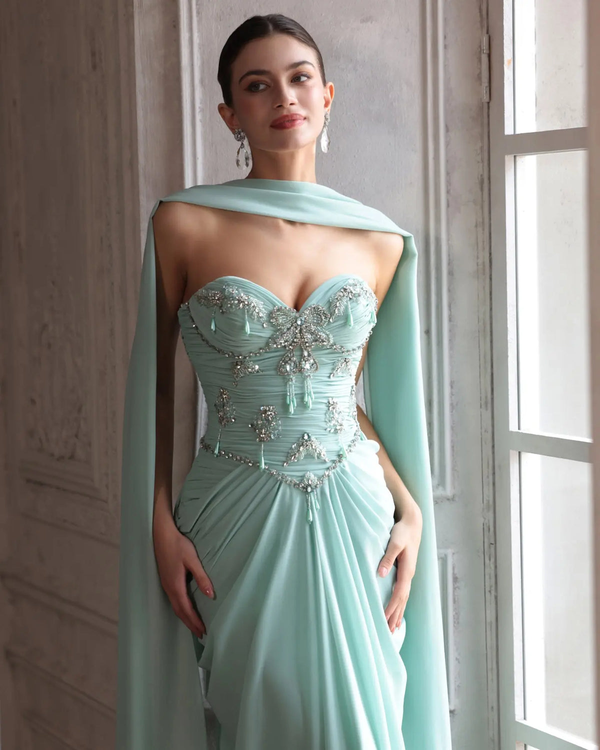 Aqua Beaded Evening Dress with Cape-13